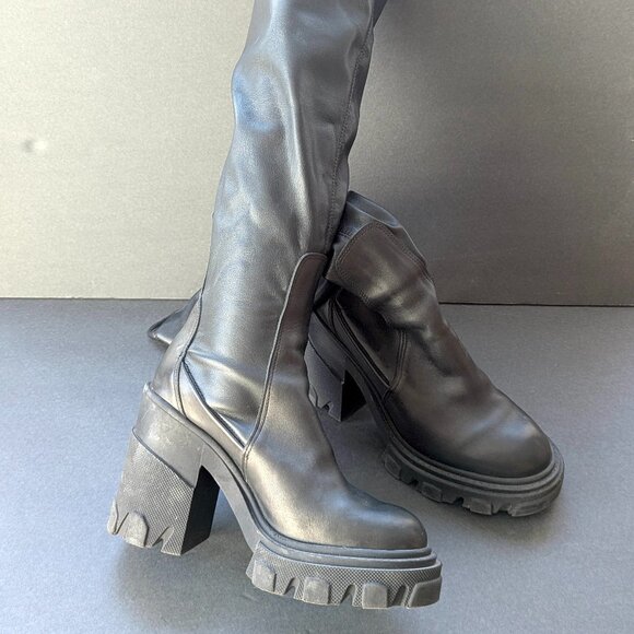 L'intervalle Platform Knee High Stretch Leather Boots Black Combat Chunky - 9 39 - Picture 6 of 12